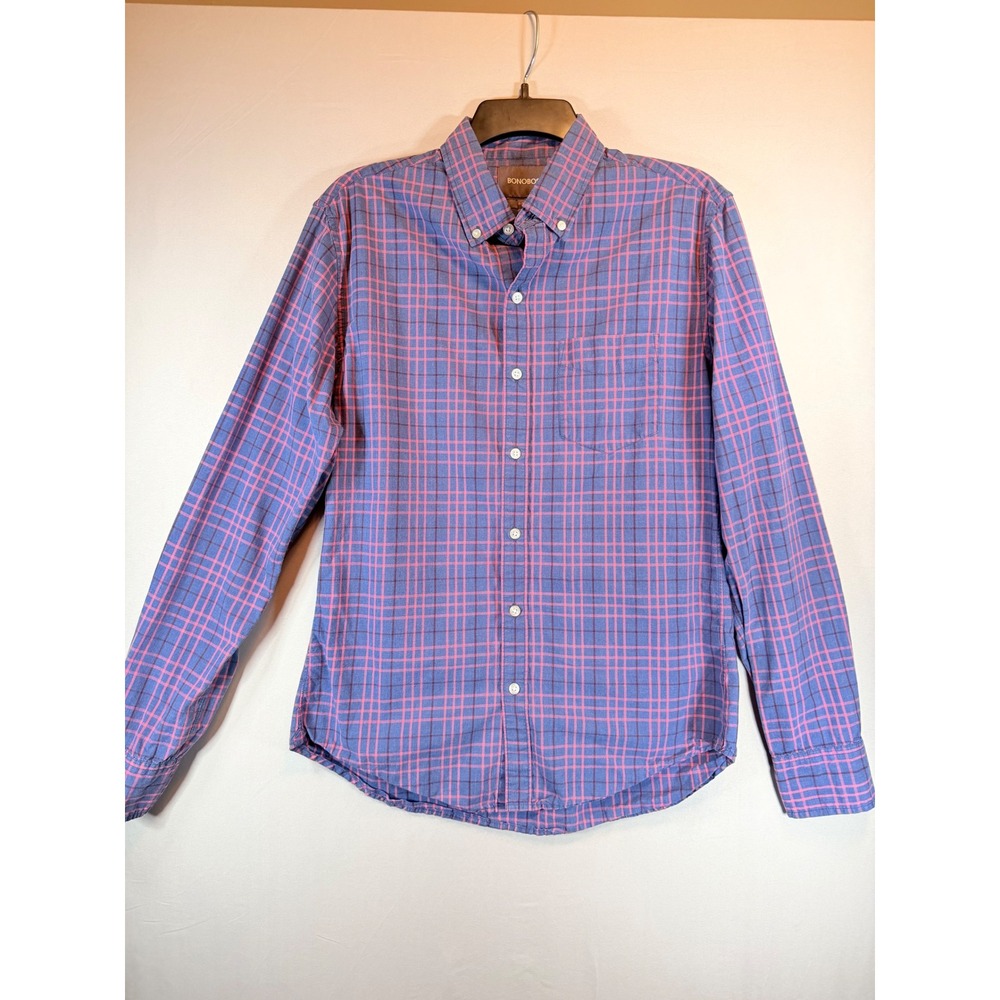Bonobos Mens Slim Fit Plaid Button Down Shirt Blue Pink Long Sleeve Size M